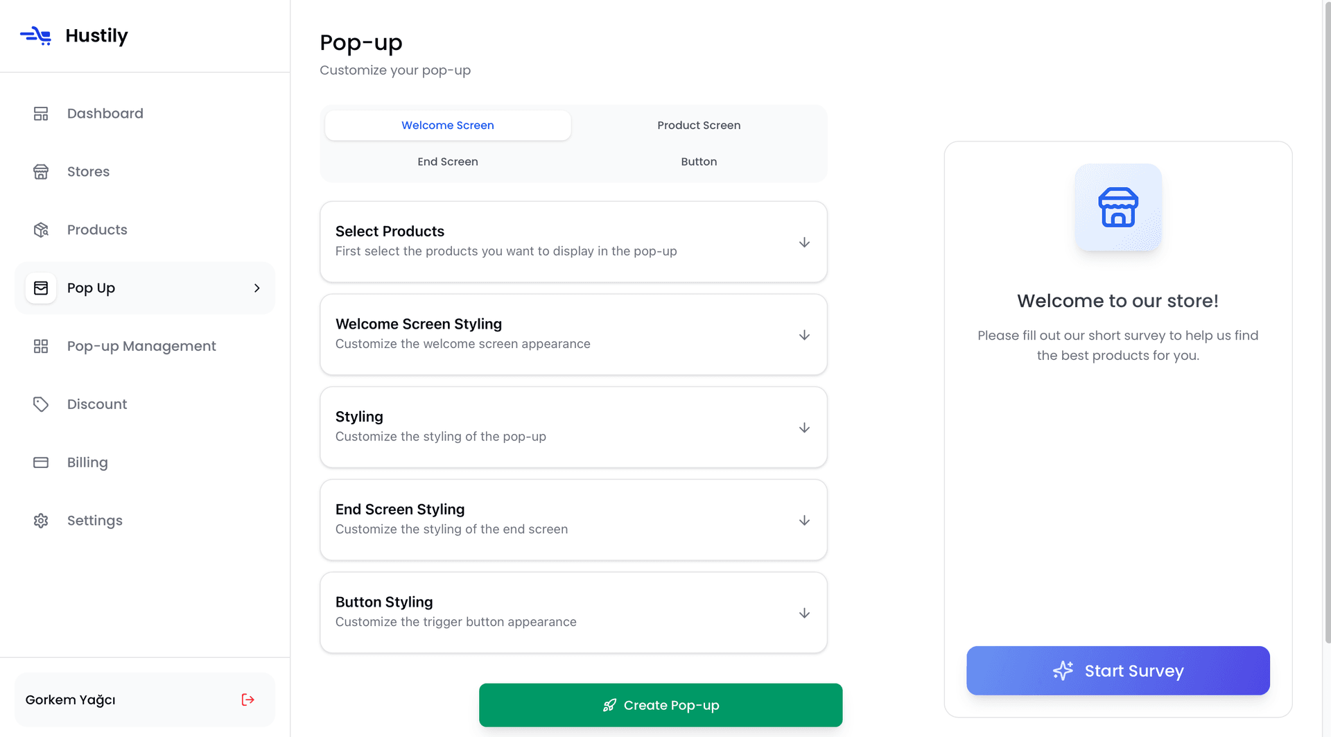 Popup Designer Interface | Hustily