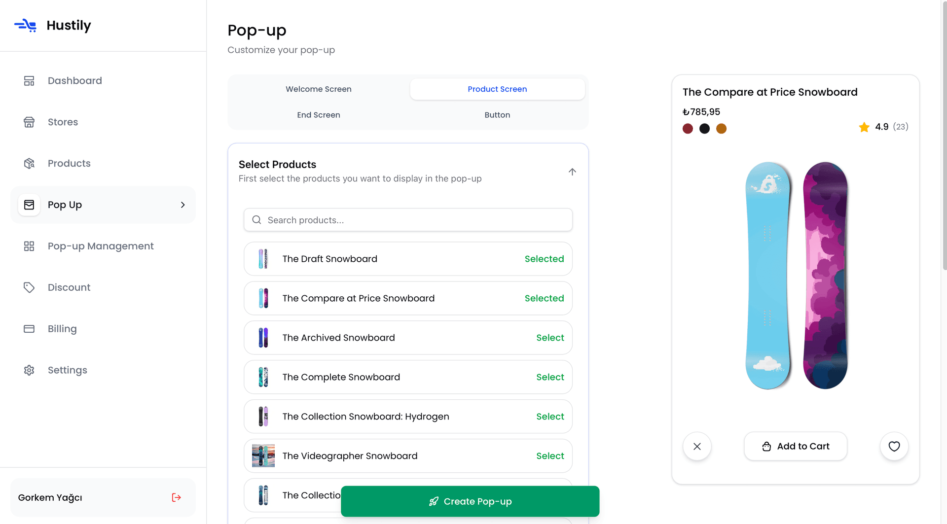 Product Selection Interface | Hustily